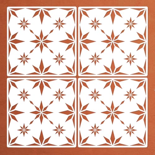 4 Pieces 8 x 8 Inches Wall Stencils Reusable Geometric Floor Tile Stencils for Painting Walls, Tiles, Floors, Concrete Patios, Front Porch, Wood, Furniture, Fabric - Snowflake Pattern