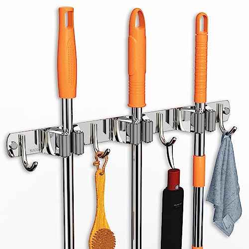 Mop and Broom Holder Wall Mount, Upgraded Broom Organizer Wall Mount, Stainless Steel Broom Hanger Wall Mount for Home Kitchen Garden Laundry Garage (3 Racks with 4 Hooks)