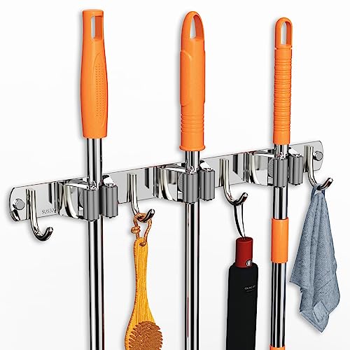 CUXIXA Silver Wall Mount Broom and Mop Holder with 3 Racks & 4 Hooks