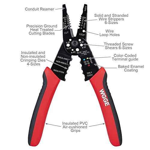 WGGE WG-015 Professional 8-inch Wire Stripper/Crimping Tool, Cable Cutter/Crimper, Wiring and Multi-Function Hand Tool, Red With Black