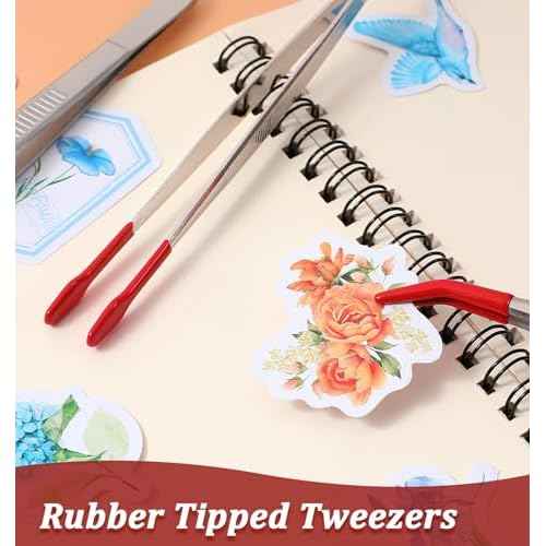 Rubber Tipped Tweezers, 3 Pcs Crafting Tweezers, 5.9 Inch Long Tweezer for Crafts, Stamps, Garden, Jewelry, DIY, Hobby, Electronics, Flat Straight & Bent Tips (Silver, Red)