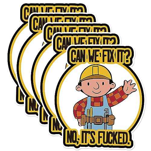 5 Pack Funny Hardhat Stickers - Can We Fix It? No, It's Fucked, Cute Cartoon Hard Hat Stickers for Builder, Waterproof Vinyl Stickers for Tool Box, Helmet (3 inch)