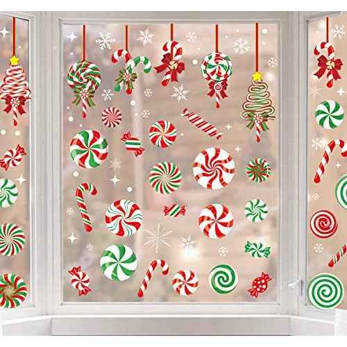 AnyDesign 9 Sheet Christmas Window Clings - Candy Cane Lollipop Peppermint Decals - Double-Sided Merry Christmas Decor for Home, School, Office, Candyland Party Supplies