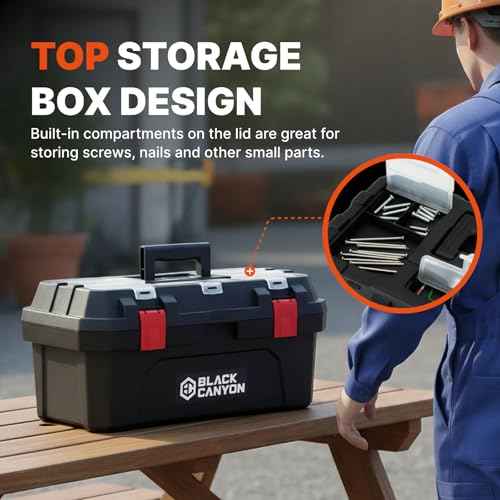 Black Canyon 19 Inch Plastic Tool Box, Support up to 44 lbs, w/Handle, Polypropylene, Dual-Layer Design, Flexible for Stacking, Top-Lid Storage, Ideal for DIY, Workshop, Job Site Organization