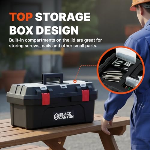 Black Canyon 19 Inch Plastic Tool Box, Support up to 44 lbs, w/Handle, Polypropylene, Dual-Layer Design, Flexible for Stacking, Top-Lid Storage, Ideal for DIY, Workshop, Job Site Organization
