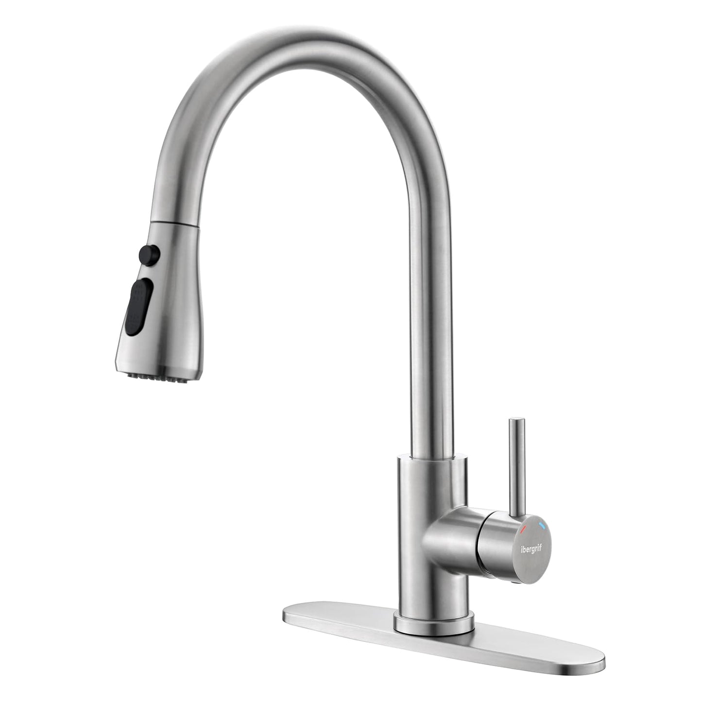 Ibergrif Kitchen Faucets with Pull Down Sprayer, Single Handle High Arc Brushed Nickel Stainless Steel 1 or 3 Hole Kitchen Sink Faucet with Deck for RV Laundry Farmhouse Bar