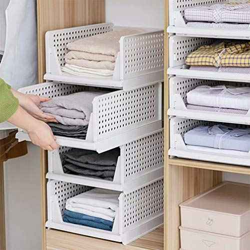 Phyllia 4 Pack Closet Organizers Stackable Storage Bins, Plastic Collapsible Drawer Basket for Kitchen Cabinets, Pantry, Offices, Bedrooms, Bathrooms,White