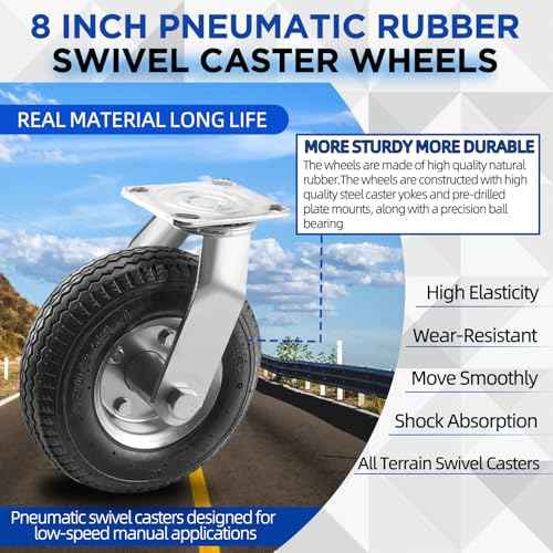 RRQ 8 Inch Caster Wheels, Pneumatic Swivel Caster Wheels with Zinc Top Plate 360 Degree Rotation for Cart, Dolly, Trolley, Workbench and Wagon, Black Rubber Wheels, 590 Lbs Total Capacity (2 Pack)