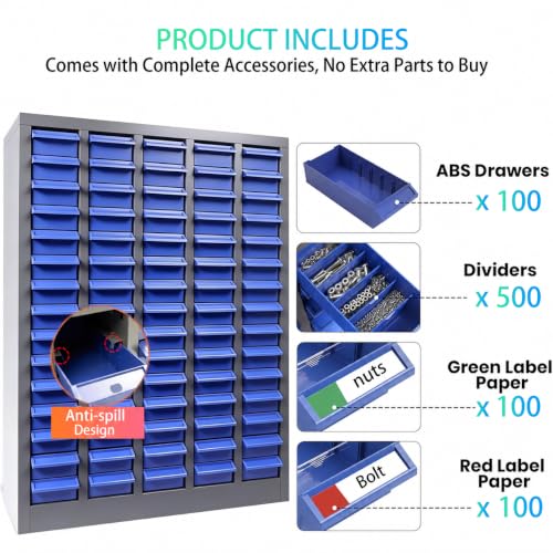 QUARPAL 100-Drawer Parts Cabinet - 500 Dividers, Steel Tool Storage Organizer