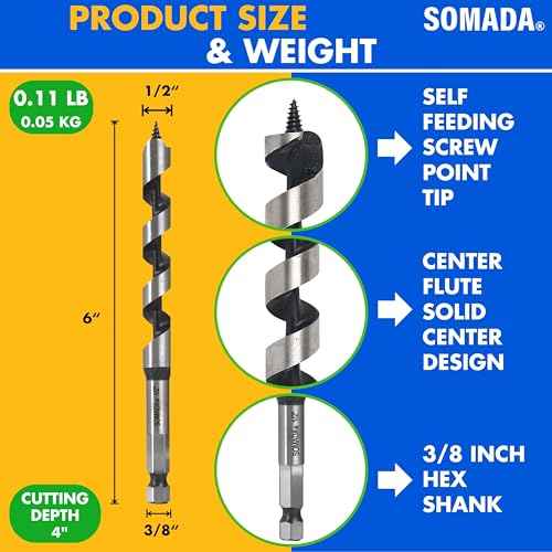 SOMADA 1/2-Inch x 6-Inch Auger Drill Bit for Wood, Quick Change Hex Shank 3/8-Inch One Piece, Ship Auger Long Drill Bit for Soft and Hard Wood, Plastic, Drywall and Composite Materials