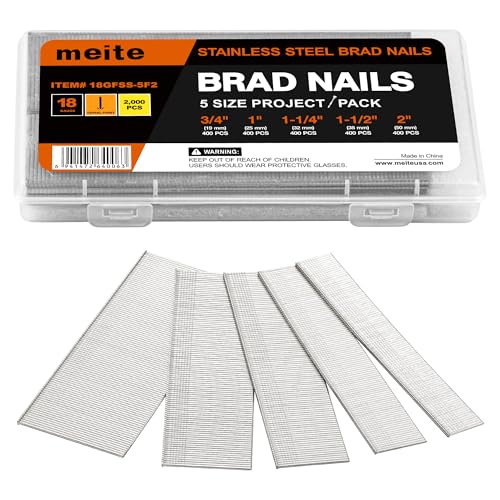 Meite Assorted 5 Sizes Stainless Steel Brad Nails (2000 pcs) for Finish Nail Gun - Indoor & Outdoor Use