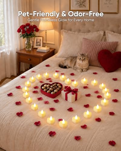 Amagic Romantic Rose Petals & Heart LED Tea Lights Kit for Proposals & Weddings - 1000 Red-Black Petals + 12 White Candles
