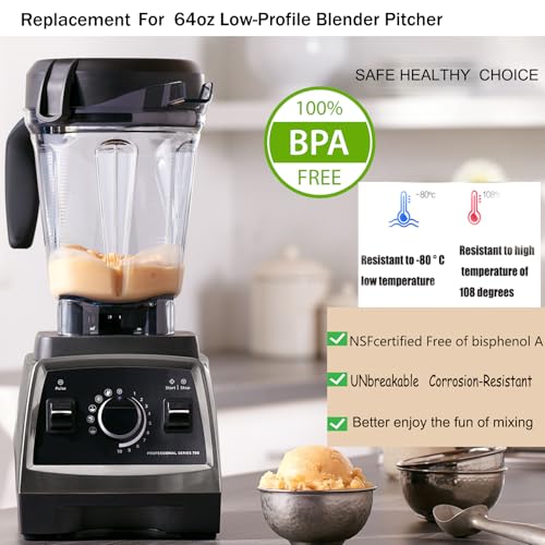 64 Oz Low-Profile Blender Pitcher with Wide Compatibility for Vitamix - Glass/Plastic Jar, 10-Year Warranty