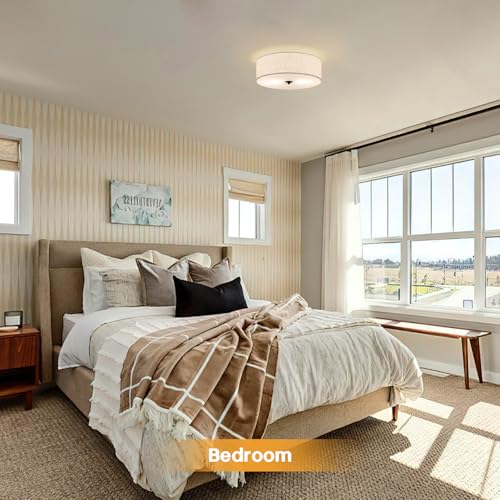 CALOKES Beige Fabric Drum Flush Mount Ceiling Light, 13-inch Modern Round Fixture for Bedroom & Kitchen