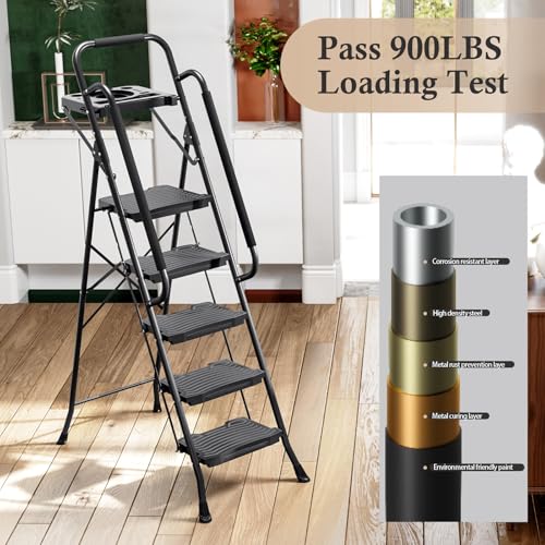 KINGRACK 5-Step Ladder with Tool Tray & Handrails, Folding Steel Safety Step Stool for Home & Garage, 900 lbs Capacity