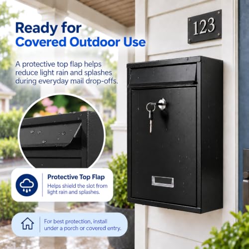 KYODOLED Black-02 Locking Wall-Mount Mailbox with Lock & Window, Large Outdoor Drop Box