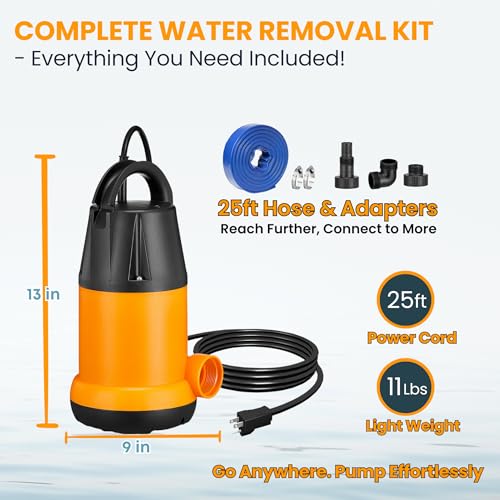 20ft Submersible Water Pump with 25ft Hose, 4000 GPH Portable Drain Pump