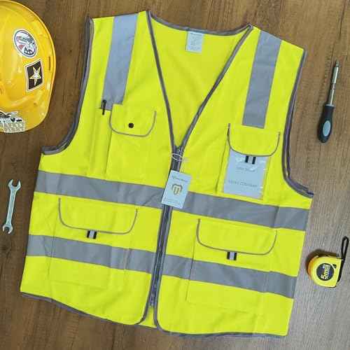 9 Pockets Full Zip Safety Vest, Class 2 High Visibility Work Vest for Construction, Utility Workers, Meets ANSI/ISEA Standard, Yellow, Large