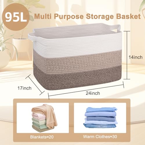 OIAHOMY Gradient Brown Extra Large 95L Cotton Rope Laundry Basket 24"×17"×14"