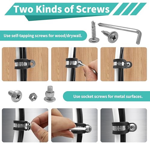 168Pcs 304 Stainless Steel Cable Clamps Kit, 6 Sizes (1/4"-3/4") Pipe Clamps with Rubber Cushioned Insulation, Wire Clamps for Electrical Wiring, Includes Screws & Screwdriver