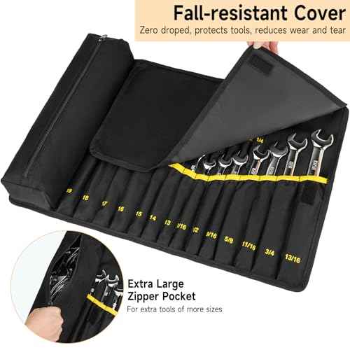 Wrench Roll Organizer,Wrench Roll Up Pouch with 23+1 Pockets,Heavy Duty Tool Roll for Metric & SAE Wrenches,Large Wrench Holder Organizer Bag for Men,Mechanics(Black)