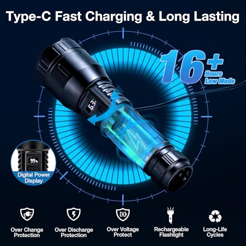 Flashlights High Lumens Rechargeable 2 Packs, 990,000L Handheld Tactical LED Strong Flash Light, Battery Powered Super Bright Flashlight with USB C, 3 Modes, Zoomable, USB Output for Home, Emergency