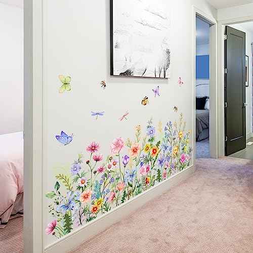 Floral Wall Stickers, Wildflowers Grass Butterfly Wall Clings, DIY Spring Summer Natural Flower Greenery Wall Decals for Bedroom Living Room TV Office Home Decorations
