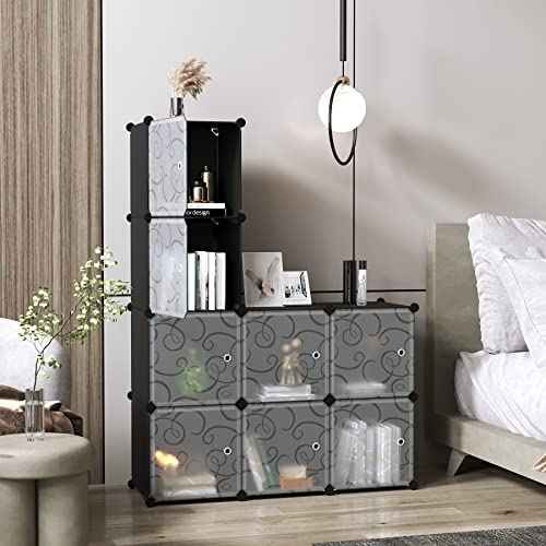C&AHOME Cube Storage Organizer with Doors, 8-Cube Shelves, Closet Cabinet, DIY Plastic Modular Bookshelf, Storage Shelving Ideal for Bedroom, Living Room, 24.8" L ¡¿ 12.4" W ¡¿ 48.4" H Black UGSHS3008A