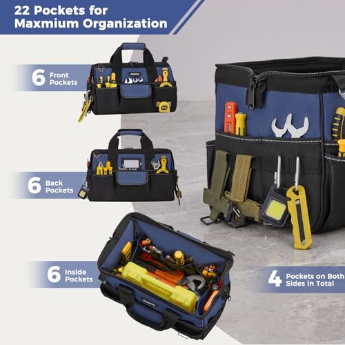 Amento 16-Inch Heavy Duty Tool Bag with 22 Pockets Blue - Portable Handyman Organizer