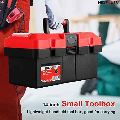 MAXPOWER Small Tool Box, 14-inch Plastic Tool Boxes with Handle, Removable Tray with Dual Lock Secured, Red Toolbox for Home