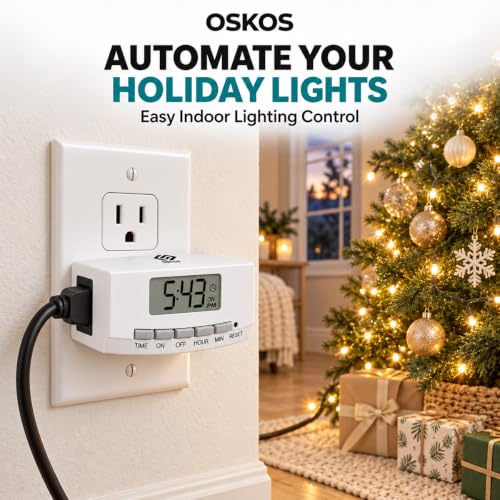 OSKOS 2-Pack Indoor Digital Timer with Large Screen & Polarized Plug, 15A/1875W