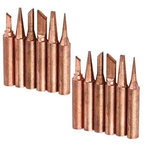 Yakamoz 12Pcs Soldering Tips Kit 900M Lead-Free Copper Solder Iron Tip Welding Tool Replacement Accessories for Hakko, Radio Shack, TENMA, ATTEN, Quick, Aoyue, Yihua Solder Station (6 Different Shape)