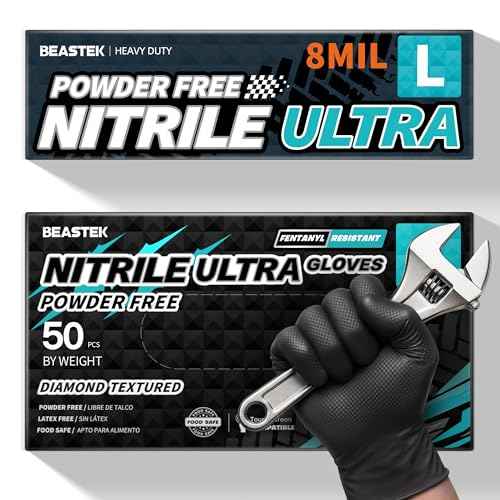 Beastek Nitrile Disposable Gloves, 8Mil Latex & Powder Free Chemical Resistant Heavy Duty Food Safe Diamond Glove Black 50Pcs