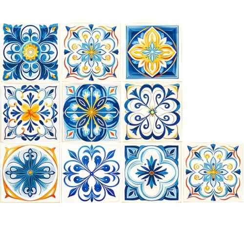 Floral Self-Adhesive DIY Stickers Peel and Stick Backsplash Waterproof Wall Art Decals Home Decor in Boho Talavera Moroccan Design, 4x4 Inch