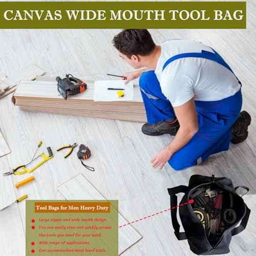 14 Inch Small Tool Bags for Men,Wide Mouth Zipper Tool Storage Bag,Large Capacity Canvas Tool Tote Bag,Portable Multi-Function Tool bag for Storage Wrenches,Screwdrivers,Repair Tools (Black)