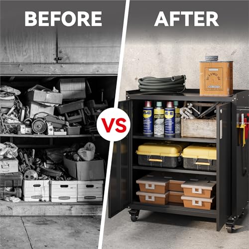 COFaR Heavy-Duty 2-Door Rolling Storage Cabinet, 35"H Black with 2 Adjustable Shelves, Lockable Wheels & Doors (Without Drawer) – Industrial Tool Chest