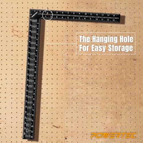 POWERTEC Carpenter Square Set, 16"x24" Framing Square w/Rafter Tables (1PK) & 8"x12" Square Ruler with Imperial & Metric Graduations (1PK) for Woodworking, Construction, Arts & Crafts (80037)