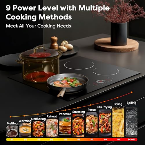 CDV 24 Inch Electric Cooktop with 4 Burners 6000W Black - Touch Control