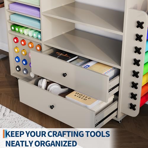 SunnyFurn 42'' Grey Cart for Cricut - Large Craft Table Workstation with 2 Drawers