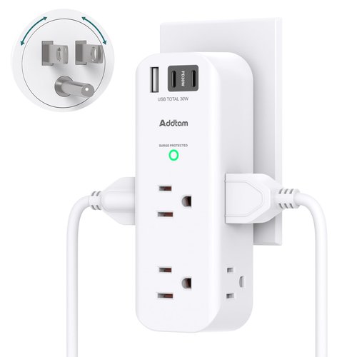 PD 30W Outlet Extender Surge Protector - with Rotating Plug, 6 AC Outlets Splitter 3 USB Ports (2 USB C), 1800J, 3-Side Power Strip Wall Mount, Multi Plug Outlet for College Dorm Travel Essentials