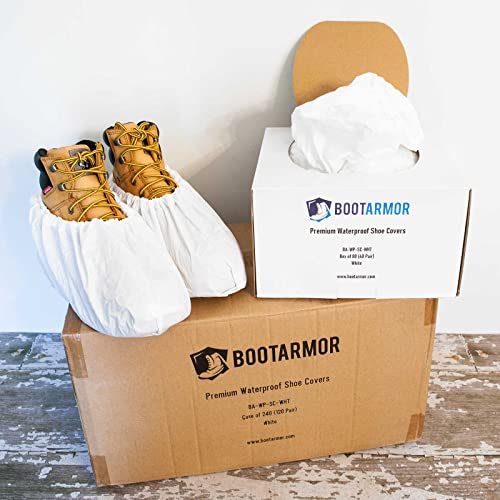 Waterproof Boot and Shoe Covers - Durable, Extra Large, Stretchable Up to Size 14 Work Boot - Dispenser Box Contains 80 Shoe Covers (40 Pair) - White
