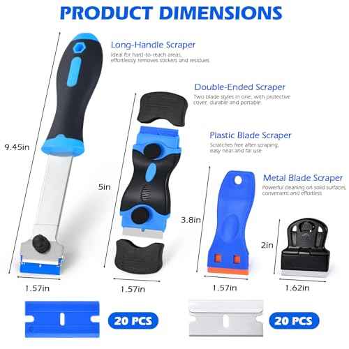 4 Pack Razor Blade Scraper Set with 20 Pcs Extra Replacement Metal and 20 Pcs Plastic Razor Blades, Scraper Tool for Cleaning Cooktop, Paint, Tile, Window, Glass