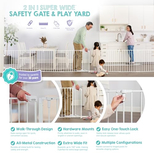 Regalo 24-192 Inch Metal 2-in-1 Baby Gate & Play Yard, White, Adjustable Width
