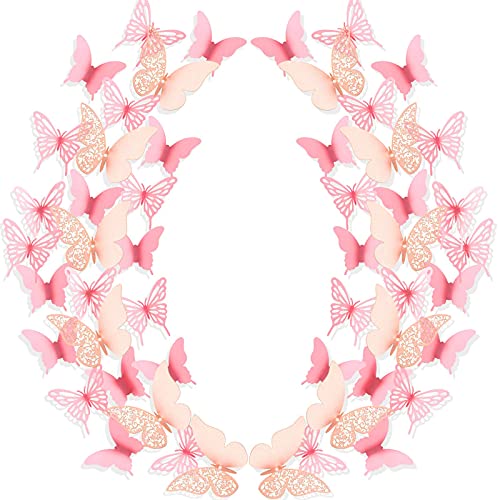Outus 144 Pieces 3D Butterfly Wall Stickers Decor 3 Styles Butterfly Decals DIY Decorative Wall Art Cutouts Crafts Removable for Room Wedding Flower Party Decorations,(Pink)