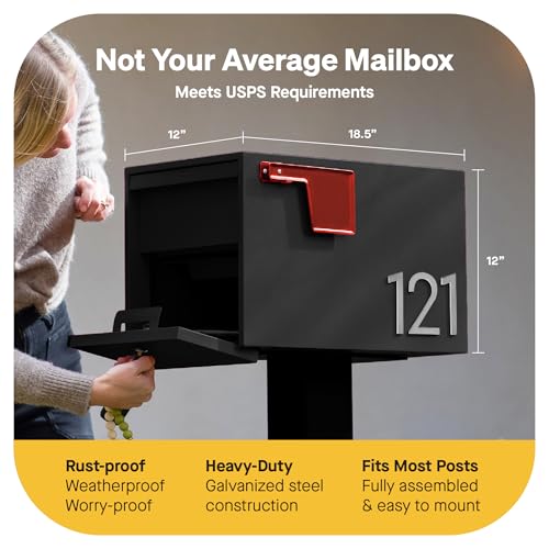 Adoorn Small Black Locking Mailbox Post Mount - Modern, Weatherproof, Secure