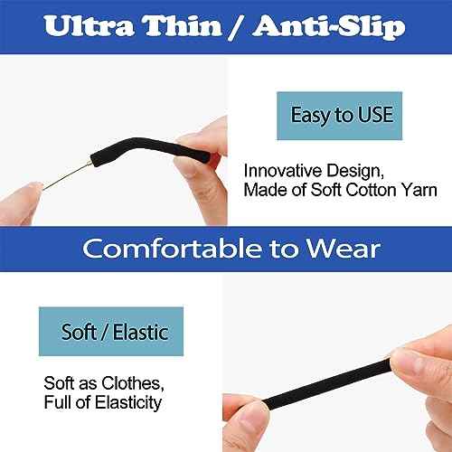 Upgrade Soft Knitting Cotton Eyeglasses Ear Grips, Eyeglasses Temple Tips Sleeve Retainer, Anti-Slip Elastic Comfort Glasses Ear Cushion for Glasses Sunglasses- Eye glasses Ear Cushions (3pairs Black)
