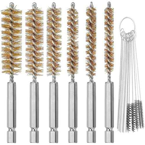 6 Pieces Brass Bore Brush in Different Sizes + 15 Pcs Cleaning Needles Nylon Brushes Tools, Twisted Wire Brush with Handle 1/4 Inch Hex Shank Attachment Drill Set for Tubes Ports Bearings