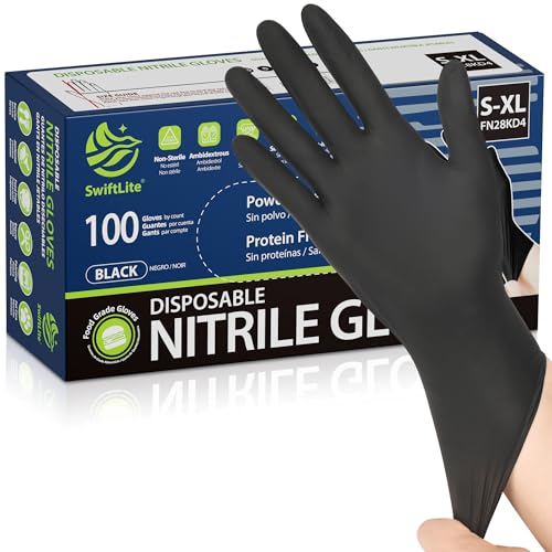 SWIFTLITE Black Nitrile Disposable Gloves Large 100 - Food Safe, Latex-Free