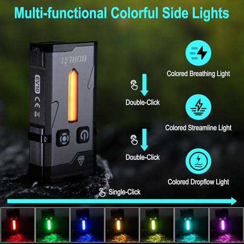 BORUIT EV10 EDC Keychain Flashlight Super Bright USB-C Rechargeable - 15 Modes Small Multifunctional Flashlights with Clip Magnetic Ambient and Warning LED Lights, Aluminum Black
