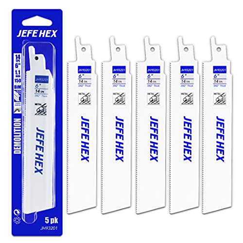 JEFE HEX 5-Piece Reciprocating Saw Blades - 6 Inch 14 TPI Saw Blade Set Bi-Metal Construction with Cobalt for Heavy Duty Metal Cutting and Wood Cutting
